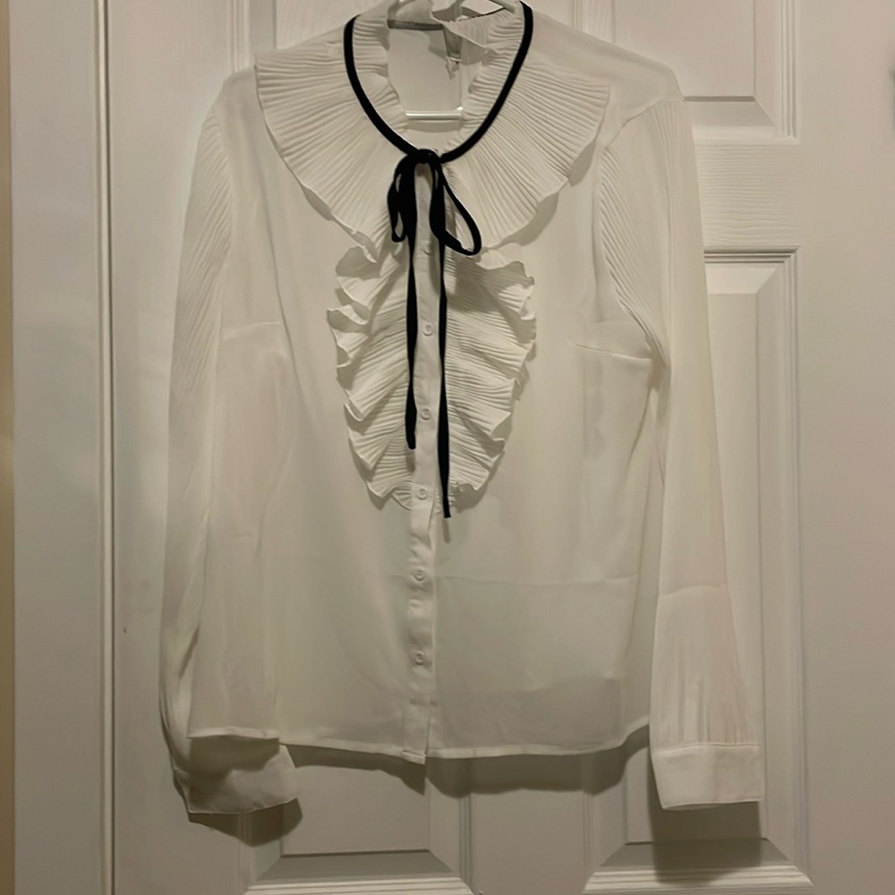 Joie white pleated ruffle sheer button up white blouse with black neck tie - Picture 1 of 7